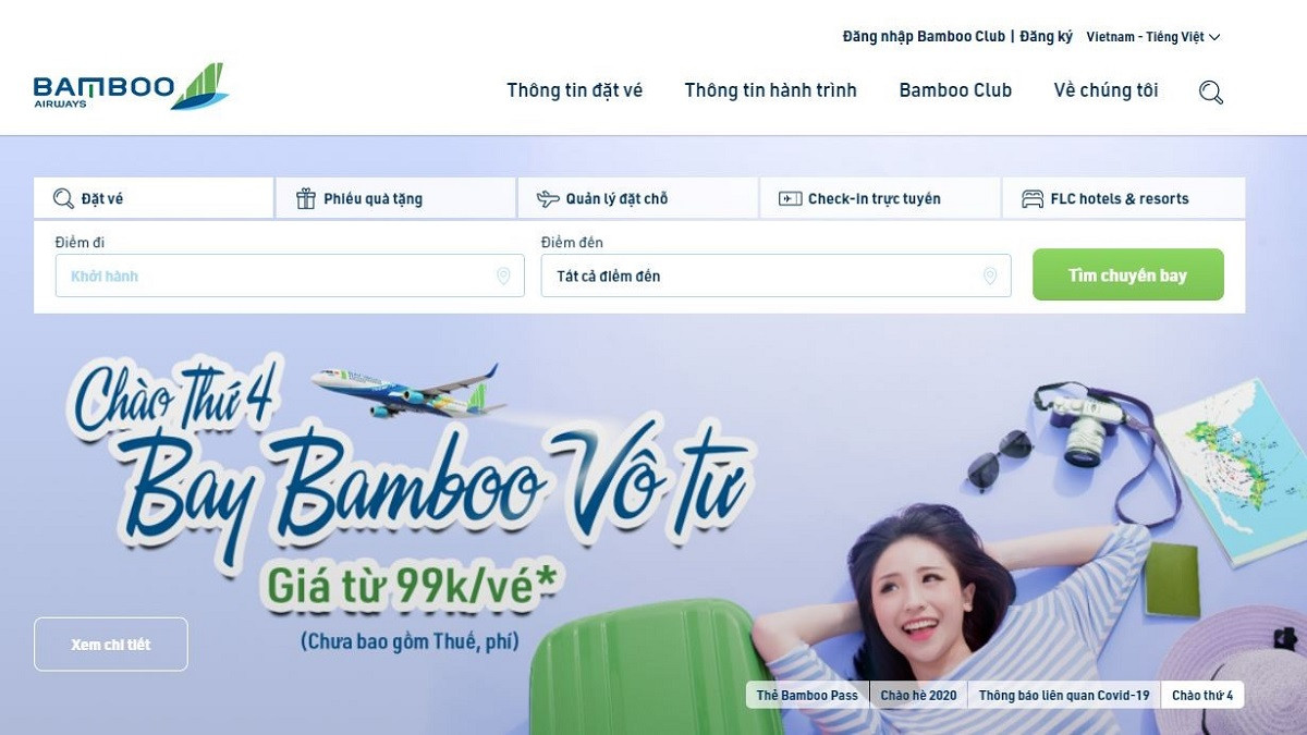 Giao diện đặt vé máy bay giá rẻ trên website Bamboo Airways, minh họa quy trình mua vé máy bay trực tuyến tiện lợi.