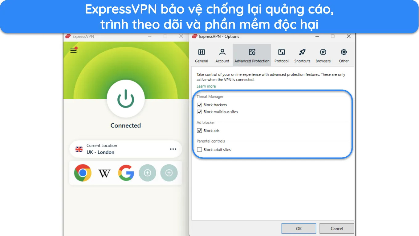 Giao diện ExpressVPN với tính năng chặn quảng cáo khi truy cập nội dung người lớn