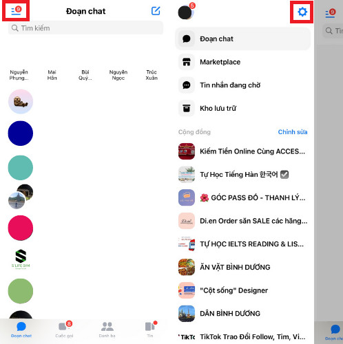 Giao diện Messenger và vị trí menu ba gạch ngang, biểu tượng cài đặt để tìm tin nhắn hạn chế ở đâu.