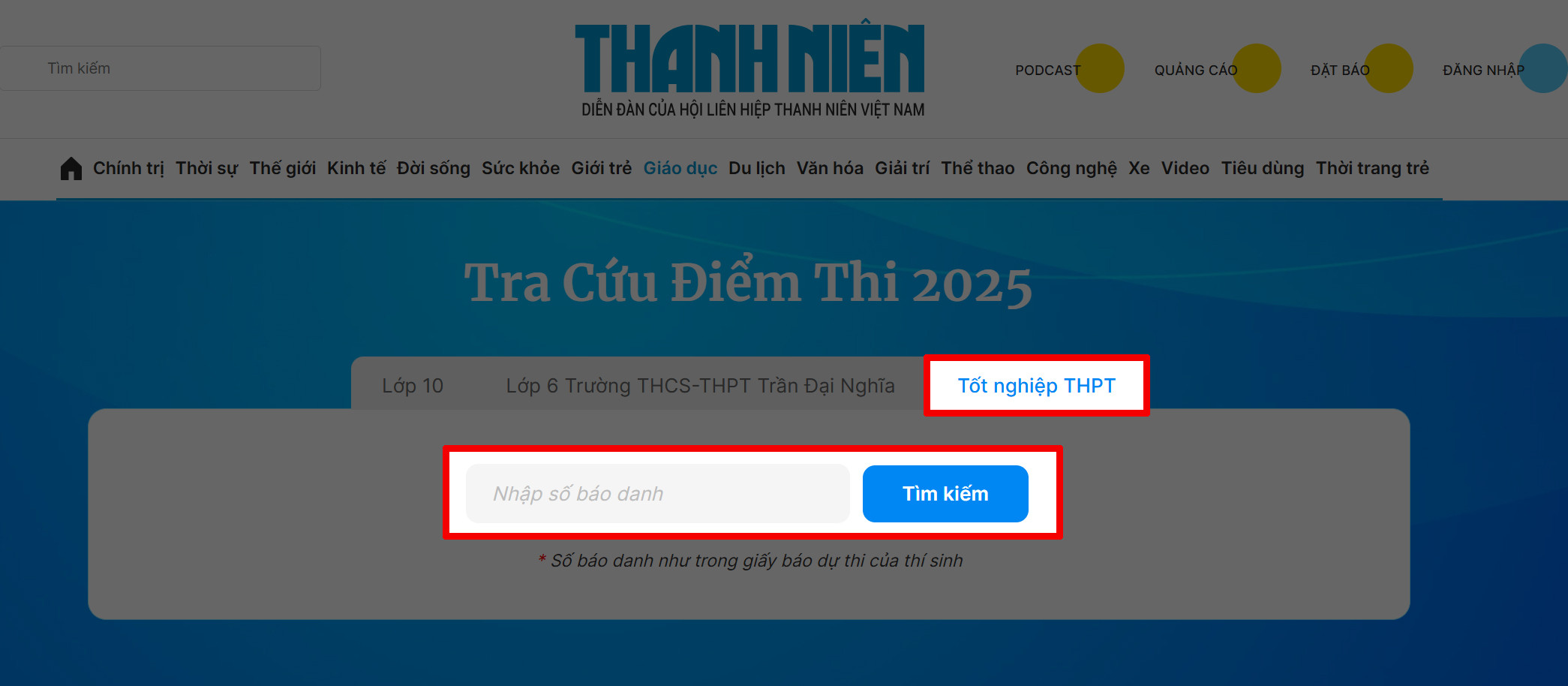 Giao diện tra cứu điểm thi THPT Quốc gia 2025 trên cổng Bộ GD&ĐT
