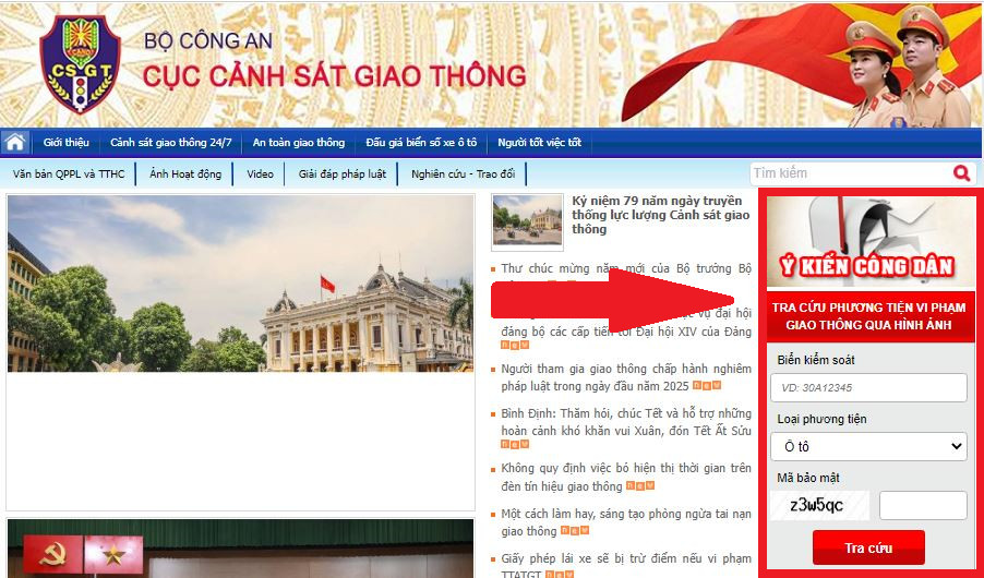 Giao diện website Cục Cảnh sát giao thông để xem phạt nguội