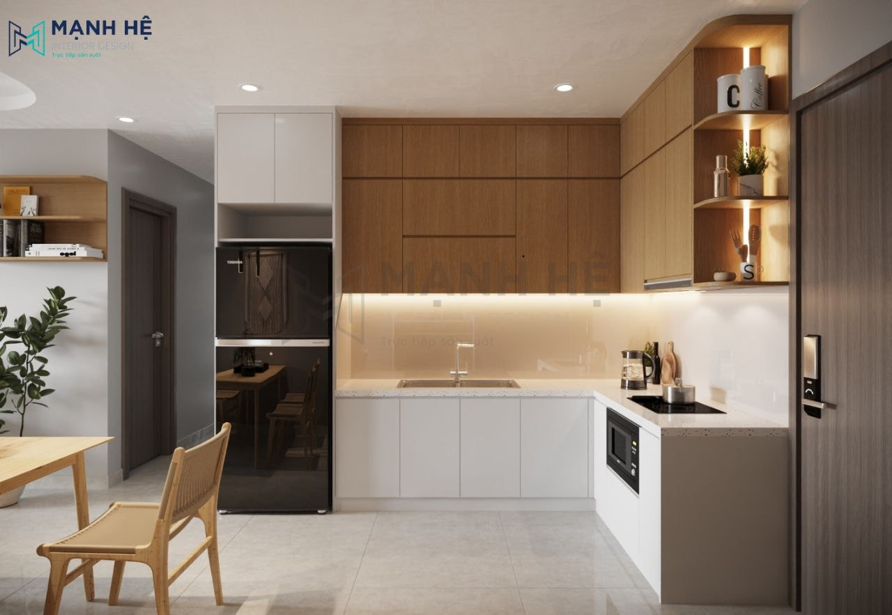 Hệ tủ bếp chữ L gỗ công nghiệp kết hợp kệ góc hiện đại tạo không gian trang trí