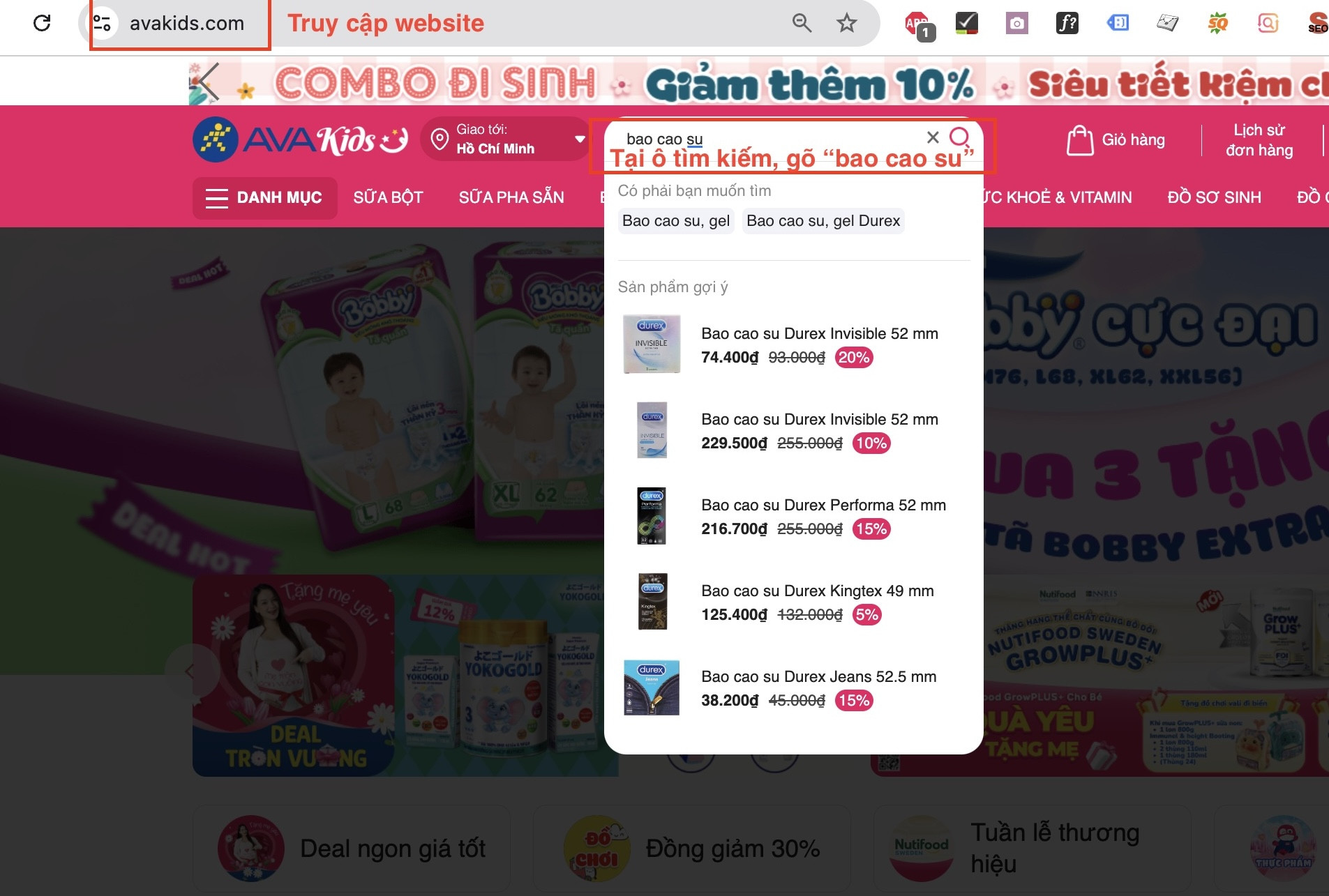 Hình ảnh minh họa việc tìm kiếm bao cao su online trên website