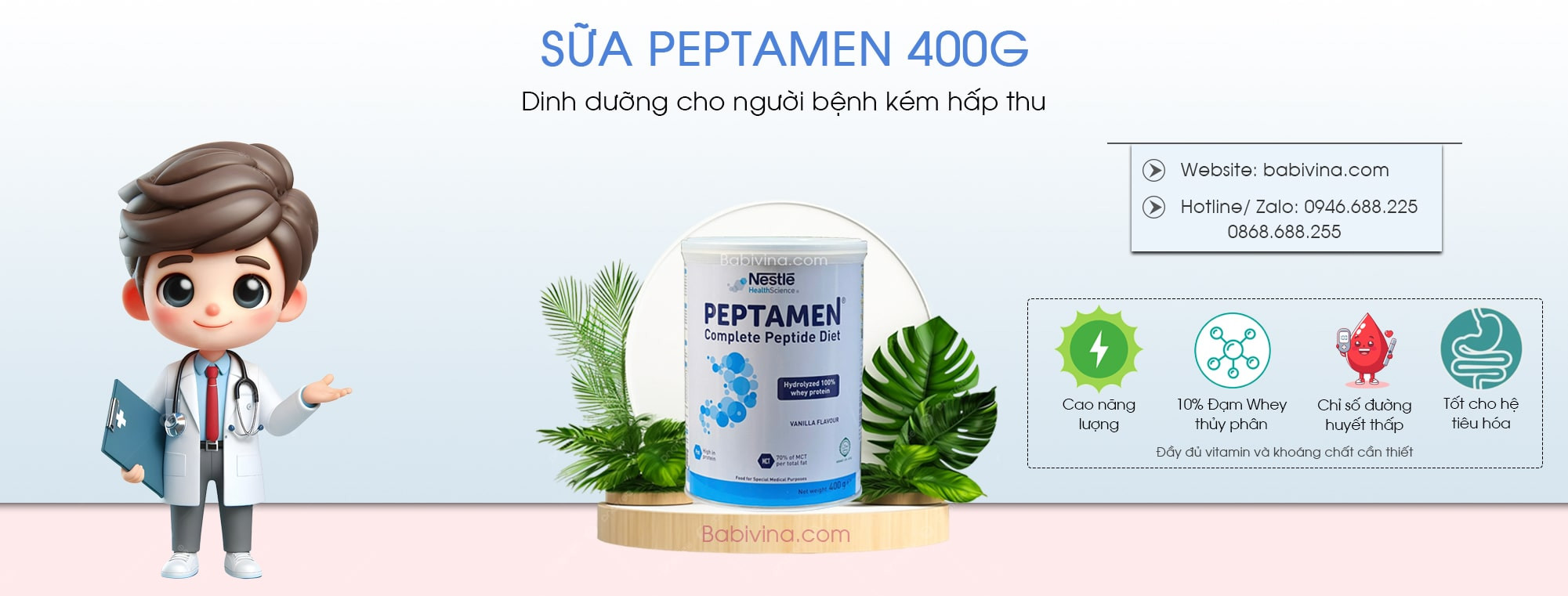 Hộp sữa Peptamen 400g màu xanh trắng, sản phẩm dinh dưỡng y học dành cho người bệnh kém hấp thu, giúp bạn biết sữa Peptamen mua ở đâu dễ dàng.