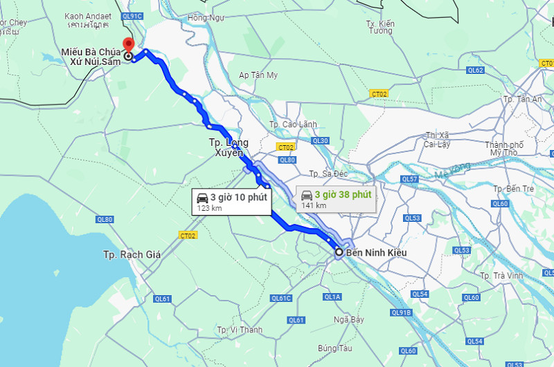 khoảng cách từ Cần Thơ đến miếu Bà Chúa Xứ Châu Đốc trên bản đồ