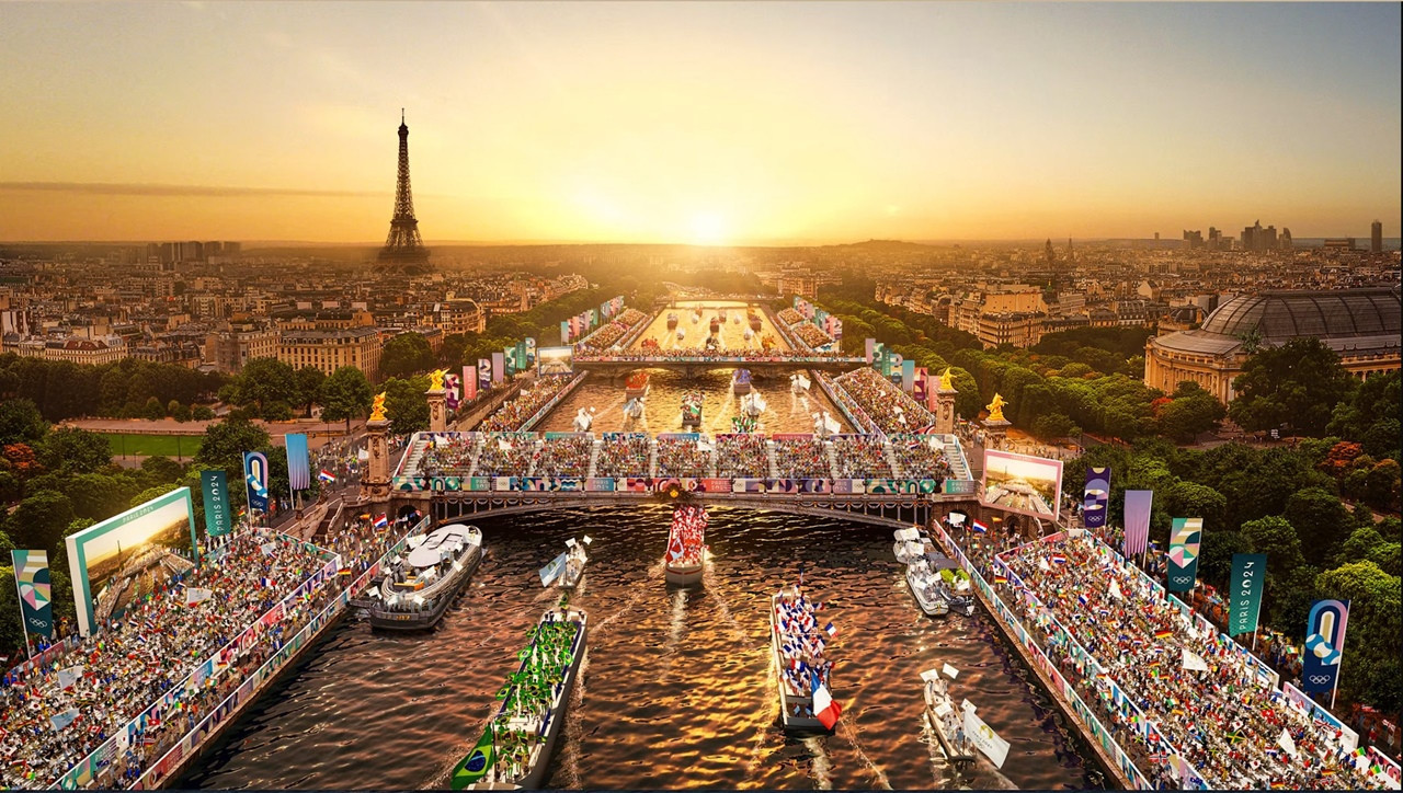 Khung cảnh độc đáo của lễ khai mạc Olympic Paris 2024 trên sông Seine, nơi người hâm mộ đang tìm cách xem trực tiếp Olympic Paris 2024 ở đâu.