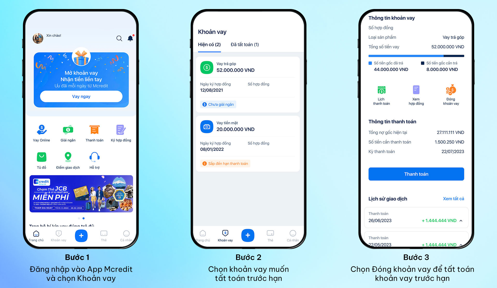 Màn hình hiển thị chi tiết khoản vay Mcredit để tất toán online