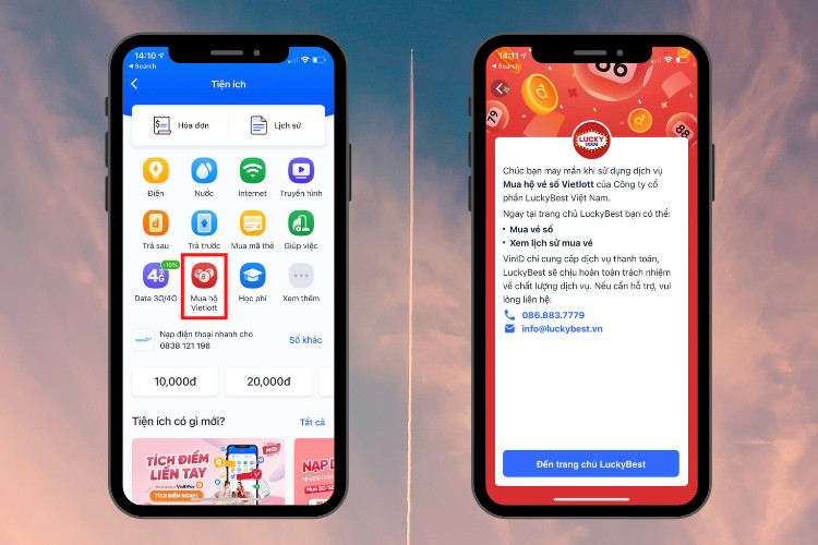 Màn hình ứng dụng VinID hiển thị tính năng mua hộ vé số Vietlott online
