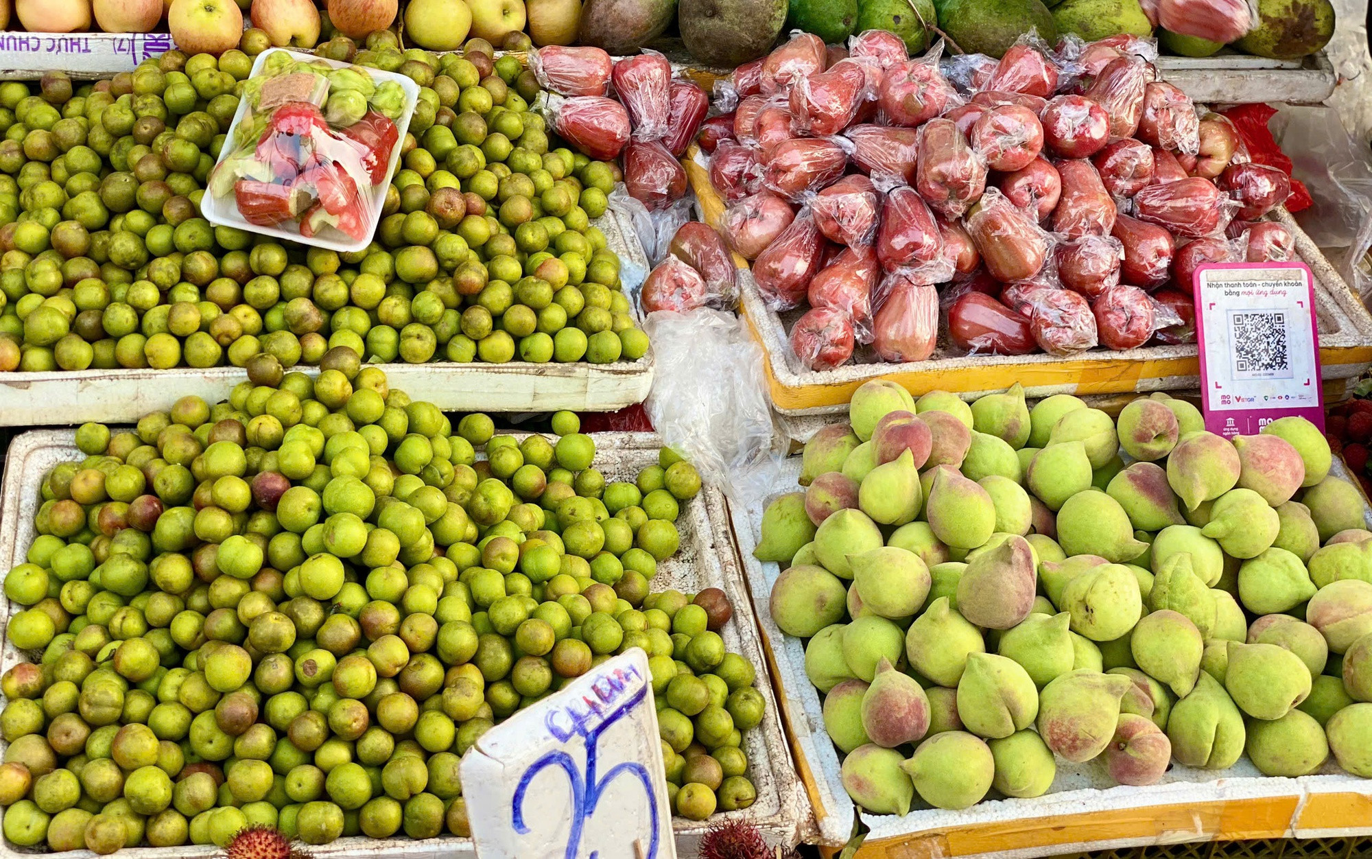 Mận róc hạt màu đỏ tươi, căng mọng được bày bán số lượng lớn tại chợ, thu hút người mua sắm.