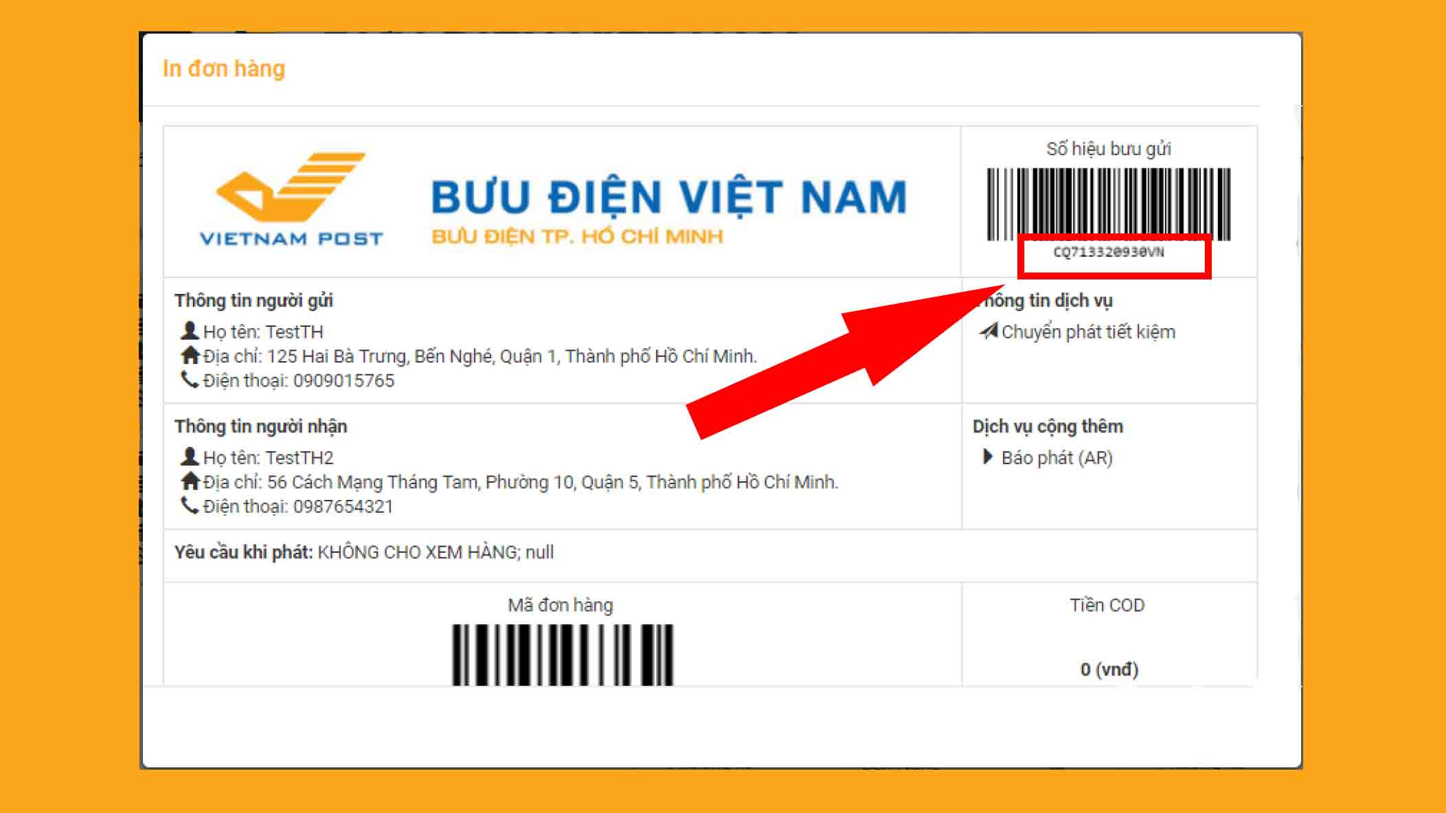 Mẫu mã vận đơn Vietnam Post hiển thị mã số trên phiếu gửi hàng