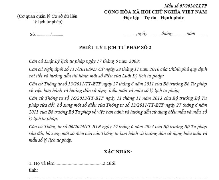Mẫu phiếu lý lịch tư pháp số 2 và các thông tin cần biết