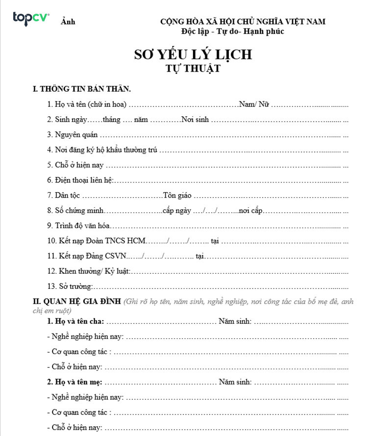 Một mẫu sơ yếu lý lịch tự thuật mới nhất, được thiết kế để ứng viên dễ dàng điền thông tin và trình bày quá trình làm việc, học vấn.