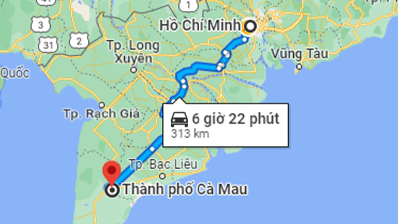 Quãng đường từ Thành phố Hồ Chí Minh đến Cà Mau bằng đường bộ ước tính khoảng 313 km