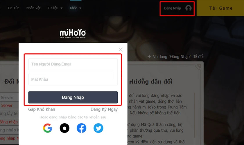 Trang nhập code Genshin Impact trên web