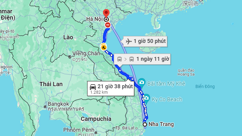 Tuyến đường bộ từ Hà Nội đến Nha Trang dài 1281km trên bản đồ