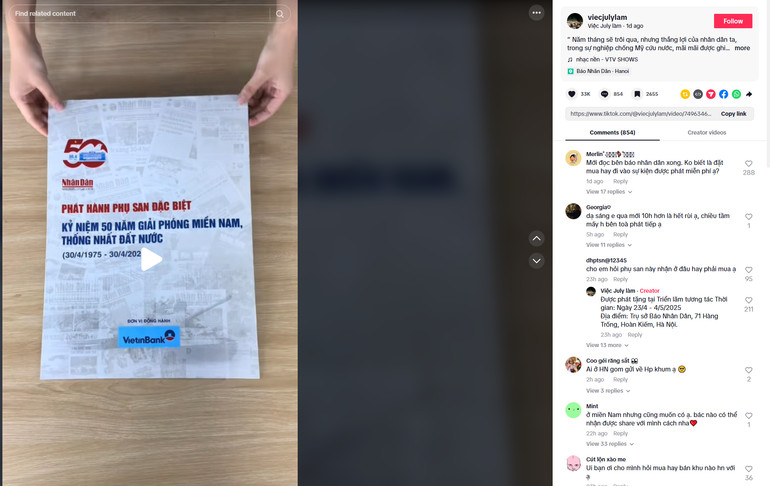 Video giới trẻ review phụ san báo Nhân Dân kỷ niệm 50 năm giải phóng thu hút nhiều lượt xem, hướng dẫn tìm phụ san báo nhân dân lấy ở đâu.