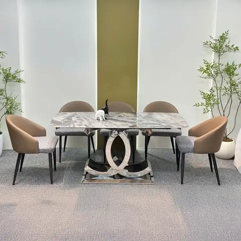 Bàn Ăn Mặt Đá Chân Inox, Ghế Bọc Da Nhập Khẩu Cao Cấp – Sang Trọng Và Hiện Đại