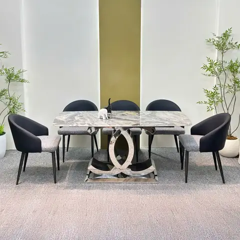 Bàn Ăn Mặt Đá Chân Inox, Ghế Bọc Da Nhập Khẩu Cao Cấp – Sang Trọng Và Hiện Đại