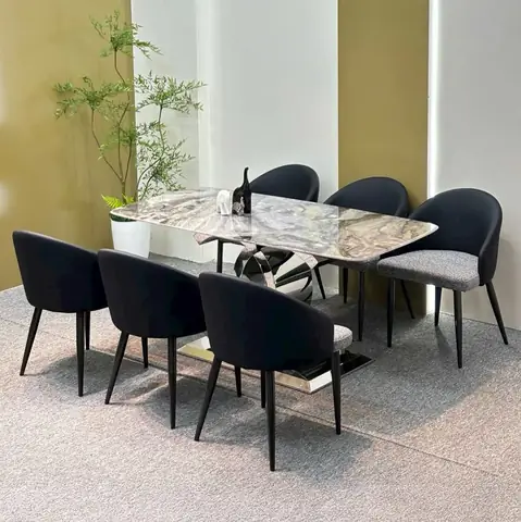 Bàn Ăn Mặt Đá Chân Inox, Ghế Bọc Da Nhập Khẩu Cao Cấp – Sang Trọng Và Hiện Đại