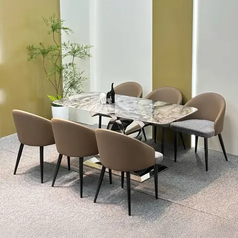 Bàn Ăn Mặt Đá Chân Inox, Ghế Bọc Da Nhập Khẩu Cao Cấp – Sang Trọng Và Hiện Đại