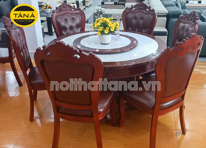 Bộ Bàn Ăn Tròn Mâm Xoay Tân Cổ Điển Ba28 Mặt Đá 6 Ghế Gỗ Sồi Cao Cấp Bộ Bàn Ăn Tròn Mâm Xoay Tân Cổ Điển Ba28 Mặt Đá 6 Ghế Gỗ Sồi Cao Cấp