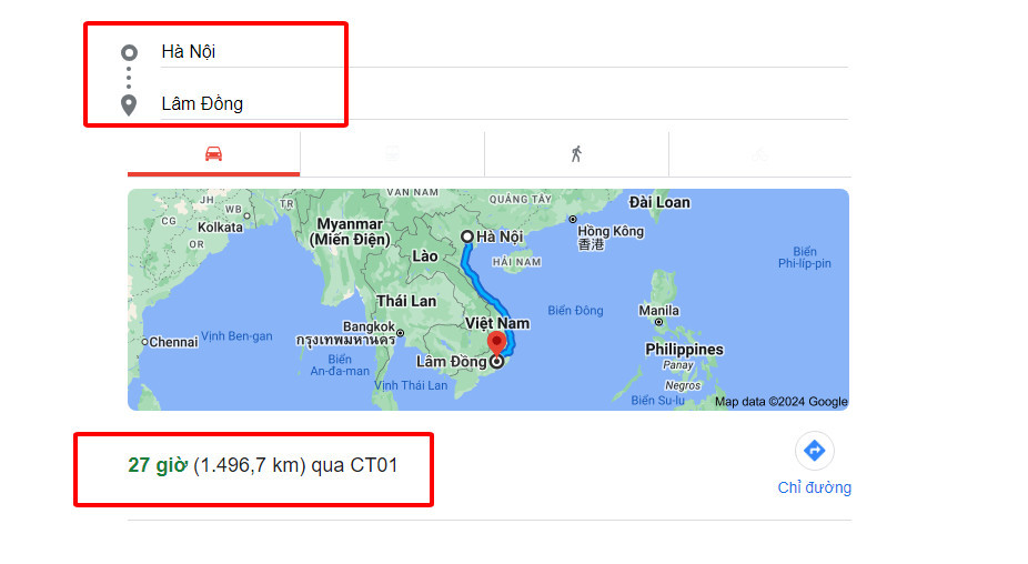 Bản đồ minh họa khoảng cách đường chim bay từ Hà Nội đến Đà Lạt