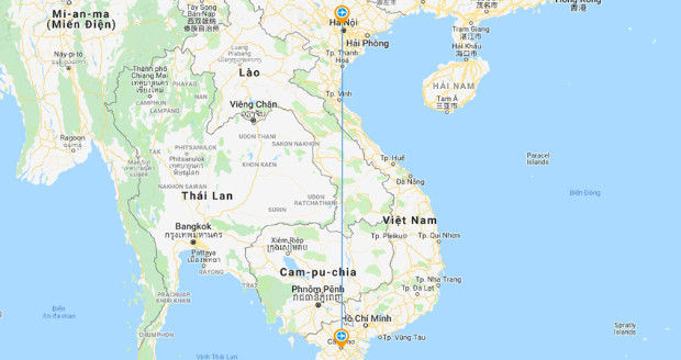 Bản đồ minh họa quãng đường di chuyển từ Hà Nội đến Cần Thơ bằng đường bộ