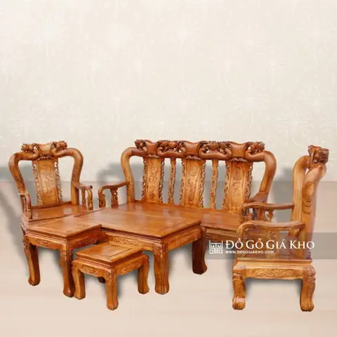 Bàn Ghế Gỗ Hương Tay 10 Chạm Đào - Bg002