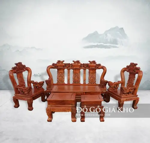 Bộ Bàn Ghế Hương Đá Tay 12 Chạm Nghê - Bg042