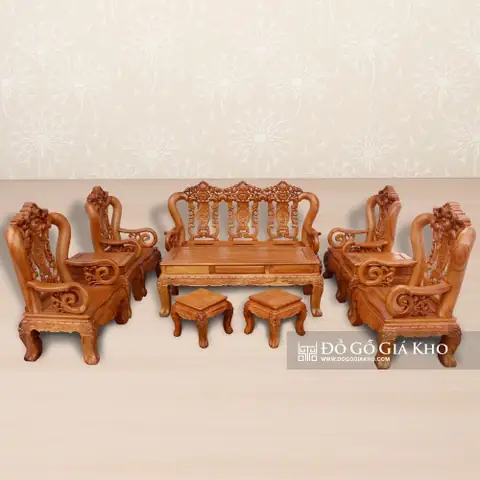 Bàn Ghế Gỗ Gõ Đỏ Louis Hoa Lá Tây Tay 12 Kiểu Pháp - Bg054