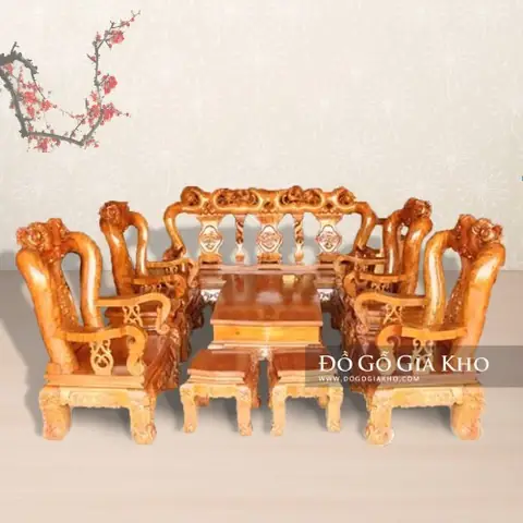 Bàn Ghế Gỗ Gõ Vàng Tay 14 Chạm Hồng Trĩ - Bg027