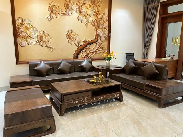 Bàn Ghế Sofa Gỗ Hương Xám Góc L 2m8x1m8 Kèm Nệm Da Hiện Đại