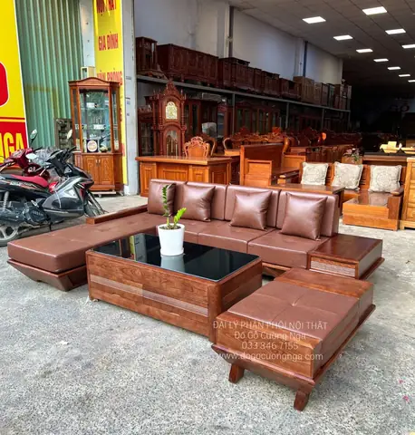Bàn Ghế Sofa Gỗ Hương Xám Góc L 2m8x1m8 Kèm Nệm Da Hiện Đại