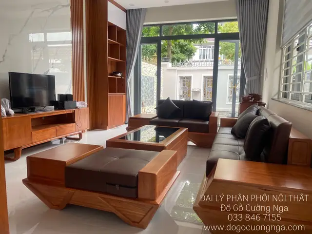 Bàn Ghế Sofa Gỗ Hương Xám Góc L 2m8x1m8 Kèm Nệm Da Hiện Đại