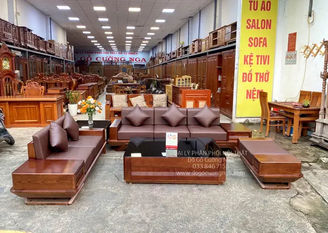 Bàn Ghế Sofa Gỗ Hương Xám Góc L 2m8x1m8 Kèm Nệm Da Hiện Đại