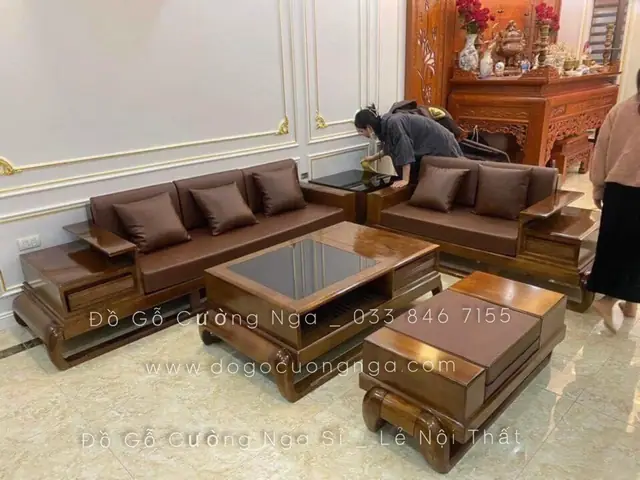 Bàn Ghế Sofa Gỗ Hương Xám Góc L 2m8x1m8 Kèm Nệm Da Hiện Đại