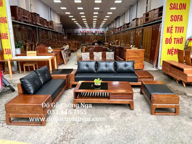 Bàn Ghế Sofa Gỗ Hương Xám Góc L 2m8x1m8 Kèm Nệm Da Hiện Đại