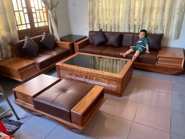 Bàn Ghế Sofa Gỗ Hương Xám Góc L 2m8x1m8 Kèm Nệm Da Hiện Đại
