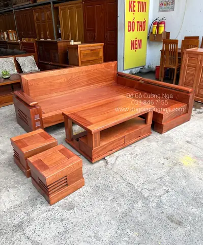 Bàn Ghế Sofa Gỗ Hương Xám Góc L 2m8x1m8 Kèm Nệm Da Hiện Đại