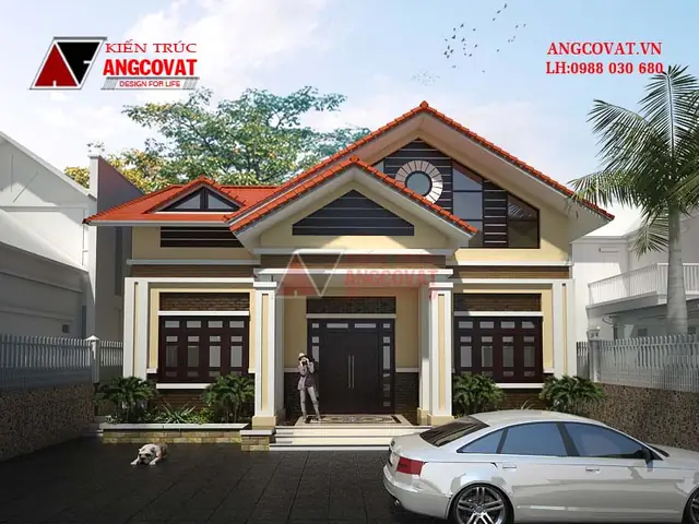 Mẫu 6: Hình Ảnh Bản Vẽ Nhà Cấp 4 Gác Lửng Mái Thái Đỏ Tươi Vô Cùng Hấp Dẫn Diện Tích 120m2