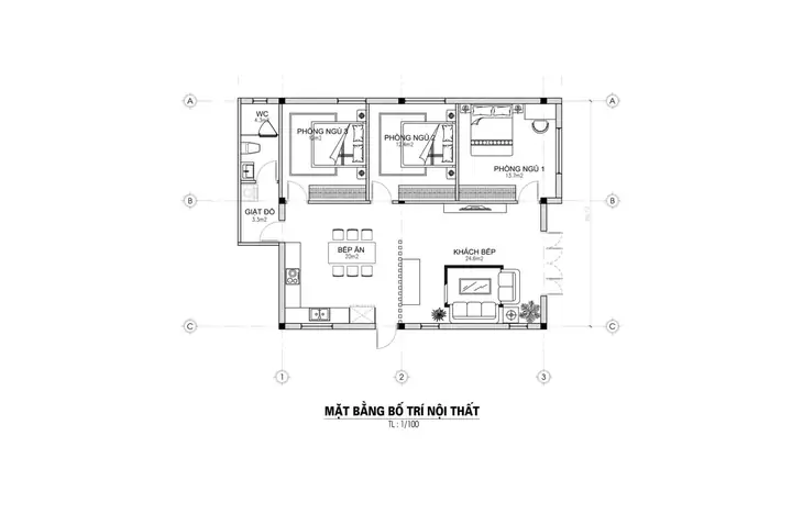 Bản Vẽ Nhà Cấp 4 5×20 3 Phòng Ngủ