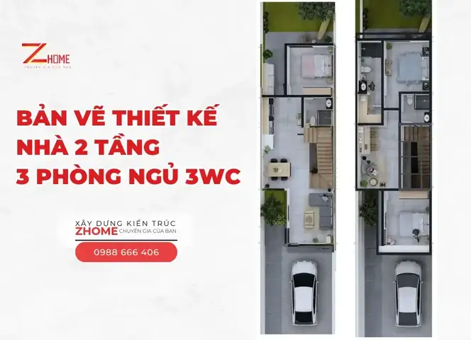 Bản Vẽ Thiết Kế Nhà Ống 2 Tầng Với Không Gian Mở, Gara, 3 Phòng Ngủ Và 3 Wc