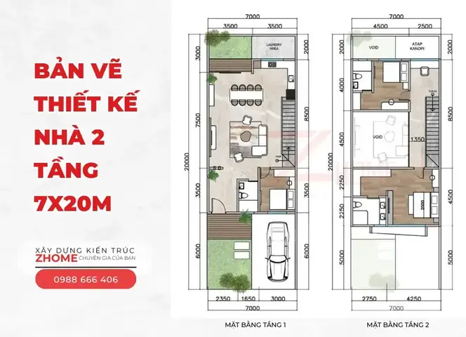 Bản Vẽ Thiết Kế Nhà 2 Tầng 7x20m Với Không Gian Sống Thoáng Đãng