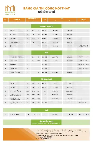 Báº£ng Giã¡ Chi Tiáº¿t Thi Cã´ng Ná»i Tháº¥t Báº±ng Gá» Ãc Chã³ Cá»§a Mhome