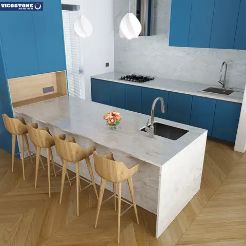 Tươi Mới Với Đảo Bếp Kết Hợp Bàn Ăn Đá Vicostone Verdelia Bq7704