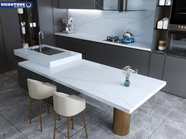 Đảo Bếp Kết Hợp Bàn Ăn Mặt Đá Vicostone Alessandria Bq8915 Cho Nhà Chung Cư