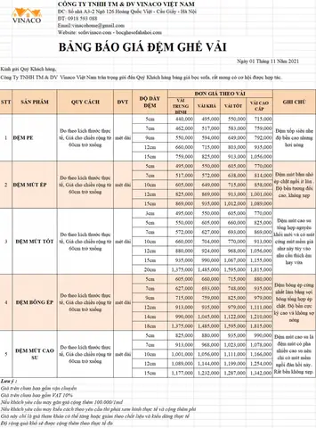Bảng Báo Giá Đệm Ghế Vải Tại Nội Thất Vinaco
