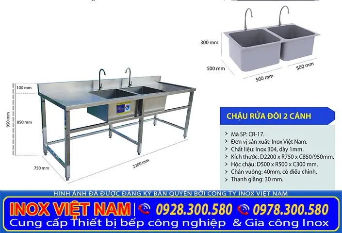 Thông Số Kỹ Thuật Chậu Rửa Đôi Inox Có Kệ Dưới, Bồn Rửa Bát Đôi Inox Công Nghiệp Cr-06