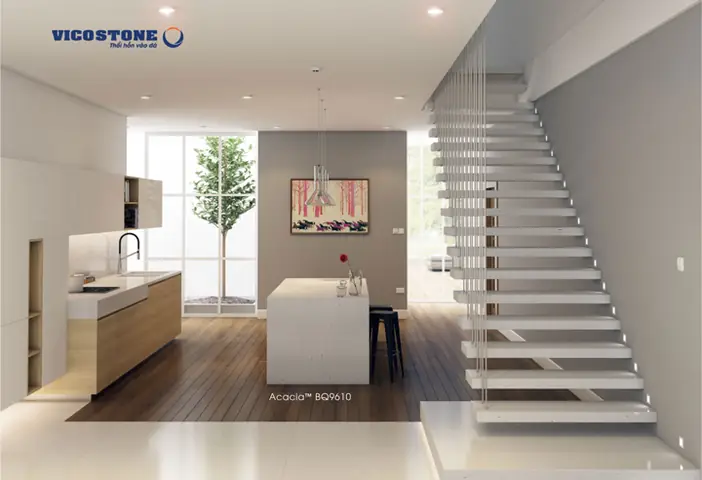 Mẫu Cầu Thang Thẳng Thiết Kế Hở Bậc Tinh Tế Ốp Đá Vicostone Acacia Bq961