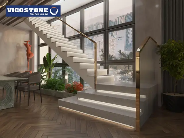 Sang Trọng Với Cầu Thang Chữ L Tay Vịn Kính Mạ Vàng